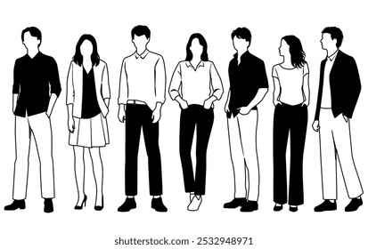 Vector silhouettes of  men and a women, a group of standing  business people, linear sketch, black and white color isolated on white background