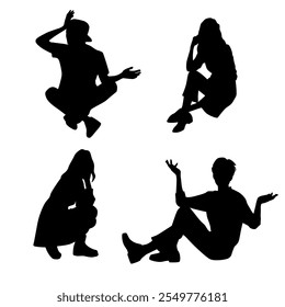 Vector silhouettes of  men and a women, a group of sitting   business people, profile, black  color isolated on white background