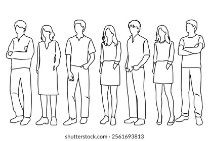 Vector silhouettes of men and women, group of standing  business people, profile, hand draw, linear sketch, black and white color, isolated on white background