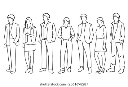 Vector silhouettes of men and women, group of standing  business people, profile, hand draw, linear sketch, black and white color, isolated on white background