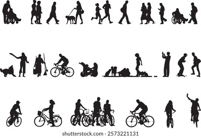 Vector silhouettes of men and women, group of people standing and active, walking, cycling,etc black color isolated on white background.

