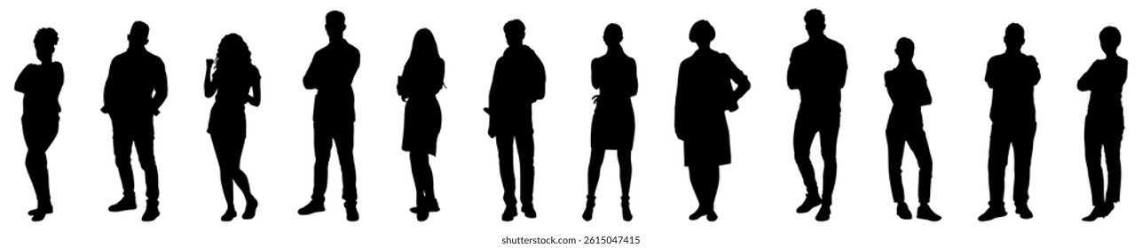 Vector silhouettes of men and a women, a group of standing business people, black color isolated on white background