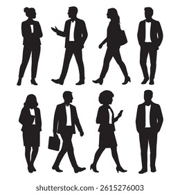 Vector silhouettes of men and a women, a group of standing business people, black and white color
