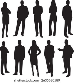 Vector silhouettes of  men and a women, a group of standing  business people, black color isolated on white background