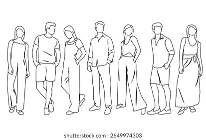 Vector silhouettes of men and women, group of standing  business people, profile, hand draw, linear sketch, black and white color, isolated on white background