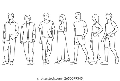Vector silhouettes of men and women, group of standing  business people, profile, hand draw, linear sketch, black and white color, isolated on white background