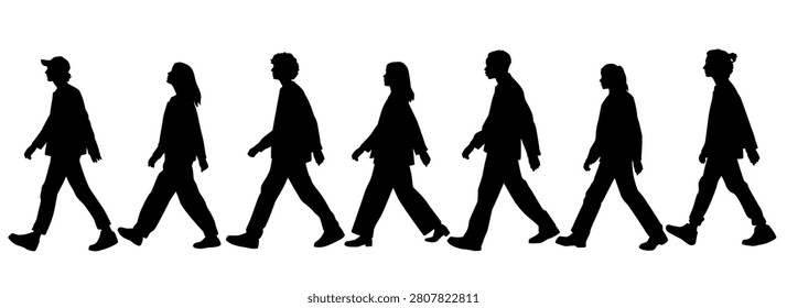 Vector silhouettes of  men and a women, a group of walking   business people, profile, black  color isolated on white background