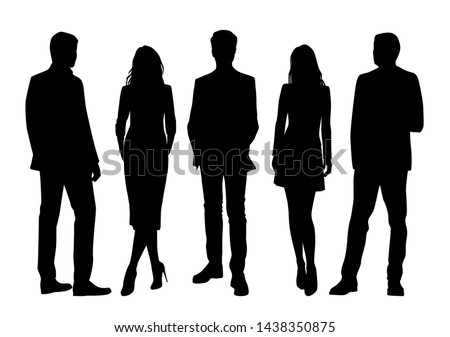 Vector silhouettes of  men and a women, a group of standing business people, black color isolated on white background