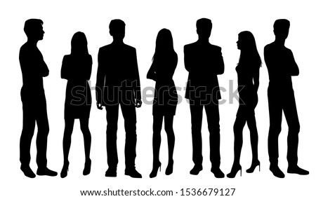 Vector silhouettes of  men and a women, a group of standing business people, black color isolated on white background