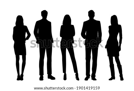 Vector silhouettes of  men and a women, a group of standing  business people, black  color isolated on white background