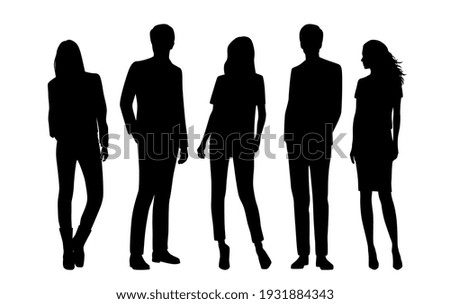 Vector silhouettes of  men and a women, a group of standing  business people, black  color isolated on white background