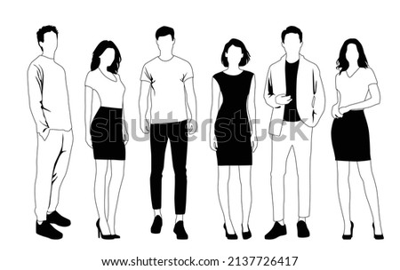 Vector silhouettes of  men and a women, a group of standing  business people,  linear sketch, black and white color isolated on white background