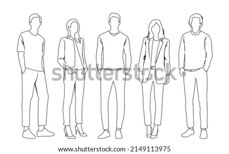 Vector silhouettes of  men and a women, a group of standing  business people,  linear sketch, black, gray and white color isolated on white background