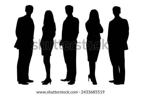 Vector silhouettes of  men and a women, a group of standing   business people, profile, black  color isolated on white background