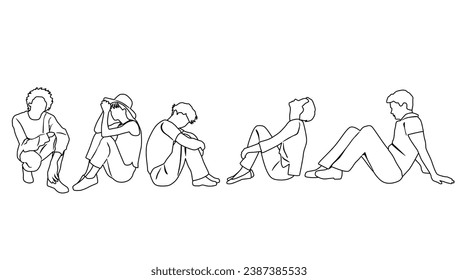 Vector silhouettes of  men and a women, linear sketch, a group of sitting   business people, profile, black  color isolated on white background
