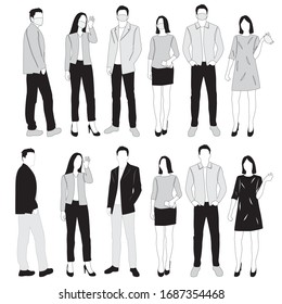 vector silhouettes of men and women in medical masks and without, protection from coronavirus, group of standing business people, linear sketch, black, gray and white isolated on a white background