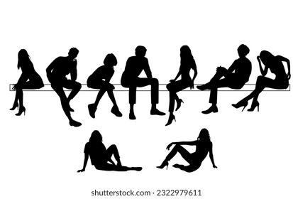 Vector silhouettes of a men and a women sitting on a bench, a group of business people, black color on a white background