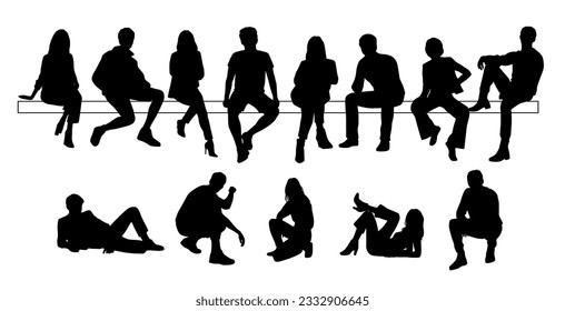 Vector silhouettes of a men and a women sitting on a bench, a group of business people, black color on a white background