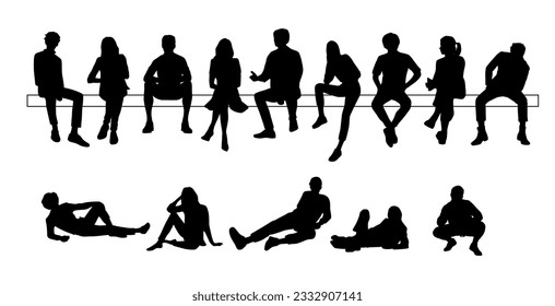 Vector silhouettes of a men and a women sitting on a bench, a group of business people, black color on a white background