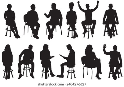 Vector silhouettes of a men and a women sitting on a chair and stool, a group of business people, black color on a transparent background