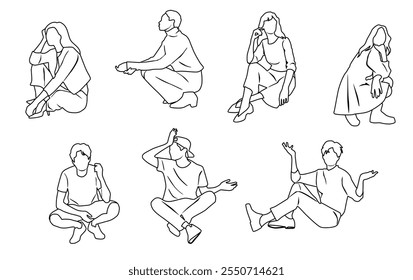 Vector silhouettes of a men and a women sitting, a group of business people, hand draw, linear sketch, black color on a white background