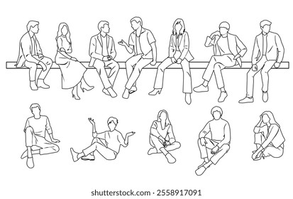 Vector silhouettes of a men and a women sitting on a bench, a group of business people, hand draw, linear sketch, black color on a white background