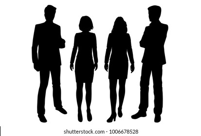 Vector silhouettes of men and women standing, business people, group,  black color, isolated on white background