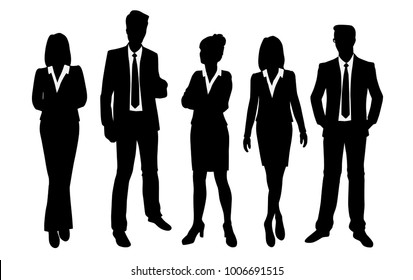 Vector silhouettes of men and women standing, business people, group,  black color, isolated on white background