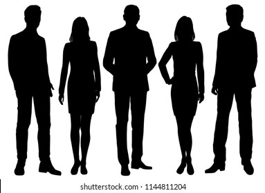 Vector silhouettes men and women standing, business,  people, group,  black color, isolated on white background