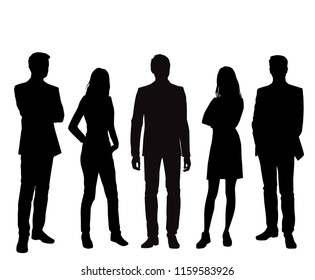 Vector silhouettes men and women standing, different poses,  business,  people, group,  black color, isolated on white background