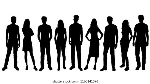 Vector silhouettes men and women standing, different poses,  business,  people, group,  black color, isolated on white background