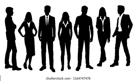 Vector silhouettes men and women standing, different poses,  business,  people, group,  black color, isolated on white background