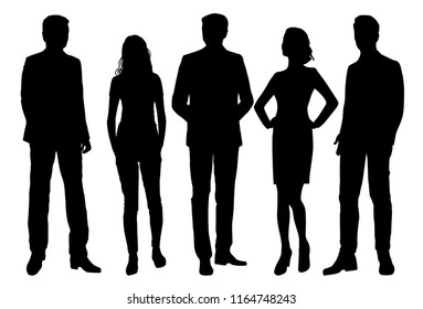 Vector silhouettes men and women standing, different poses,  business,  people, group,  black color, isolated on white background