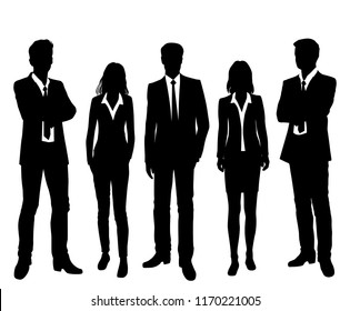 Vector silhouettes men and women standing, different poses,  business,  people, group,  black color, isolated on white background