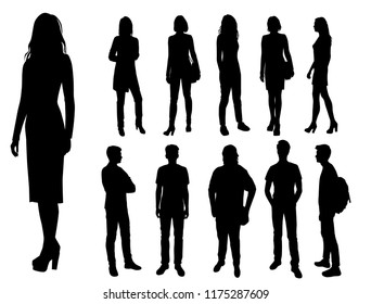 Vector silhouettes men and women standing, different poses,  business,  people, group,  black color, isolated on white background