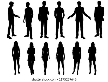 Vector silhouettes men and women standing, different poses,  business,  people, group,  black color, isolated on white background