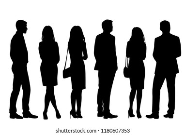 Vector silhouettes men and women standing, different poses,  business,  people, group,  black color, isolated on white background