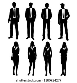 Vector silhouettes men and women standing, different poses,  business,  people, group,  black color, isolated on white background