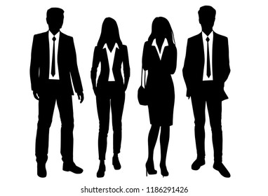 Vector silhouettes men and women standing, different poses,  business,  people, group,  black color, isolated on white background