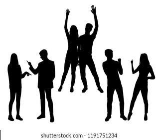 Vector silhouettes men and women standing , profile, hands up, different poses, couple,  business,  people, group,  black color, isolated on white background