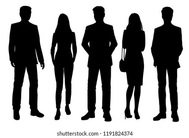 Vector silhouettes of men and women standing, different poses,  business,  people, group,  black color, isolated on white background