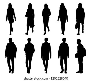 Siluetas vectoriales hombres y mujeres parados y caminando, ropa exterior, diferentes poses, negocios, personas, grupo, color negro, aislados en fondo blanco