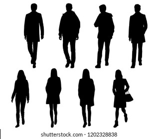 Vector silhouettes men and women standing and walking, outerwear, different poses,  business,  people, group,  black color, isolated on white background