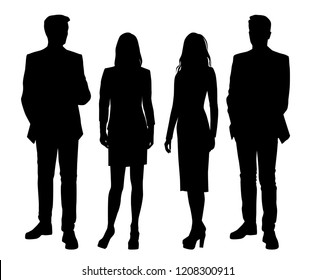 Vector silhouettes men and women standing, different poses,  business,  people, group,  black color, isolated on white background