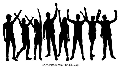 Vector silhouettes men and women standing, set, profile, hands up, different poses,  business,  people, group,  black color, isolated on white background