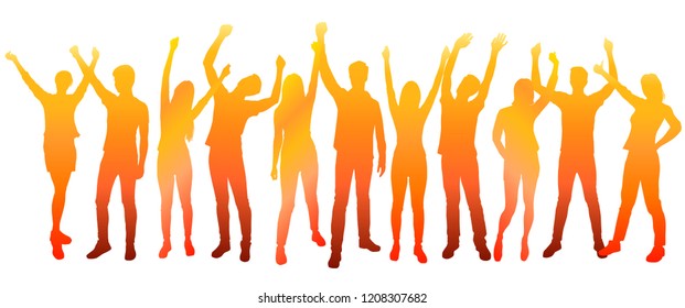 Vector silhouettes men and women standing, set, profile, hands up, different poses,  business,  people, group,  red and yellow colors, isolated on white background