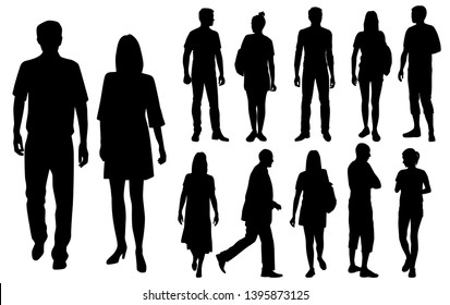 Vector silhouettes men and women standing, business  people group,  black color, isolated on white background