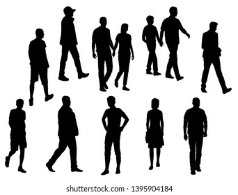 Vector silhouettes men and women standing and walking, business  people group,  black color, isolated on white background