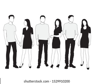 Vector silhouettes men and women standing, different poses, group  business  people,  linear sketch,  black color, isolated on white background