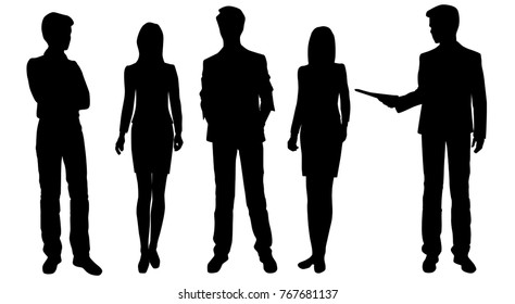 Vector silhouettes of men and women standing, business people group,  black color, isolated on white background